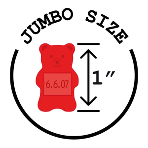 A circular graphic with the words “JUMBO SIZE” above a red gummy bear holding a date, with a vertical measurement arrow labeled “1”” to indicate size.
