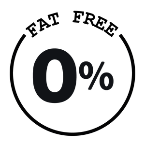 Circular logo with 'FAT FREE' at the top and '0%' in the center on a white background