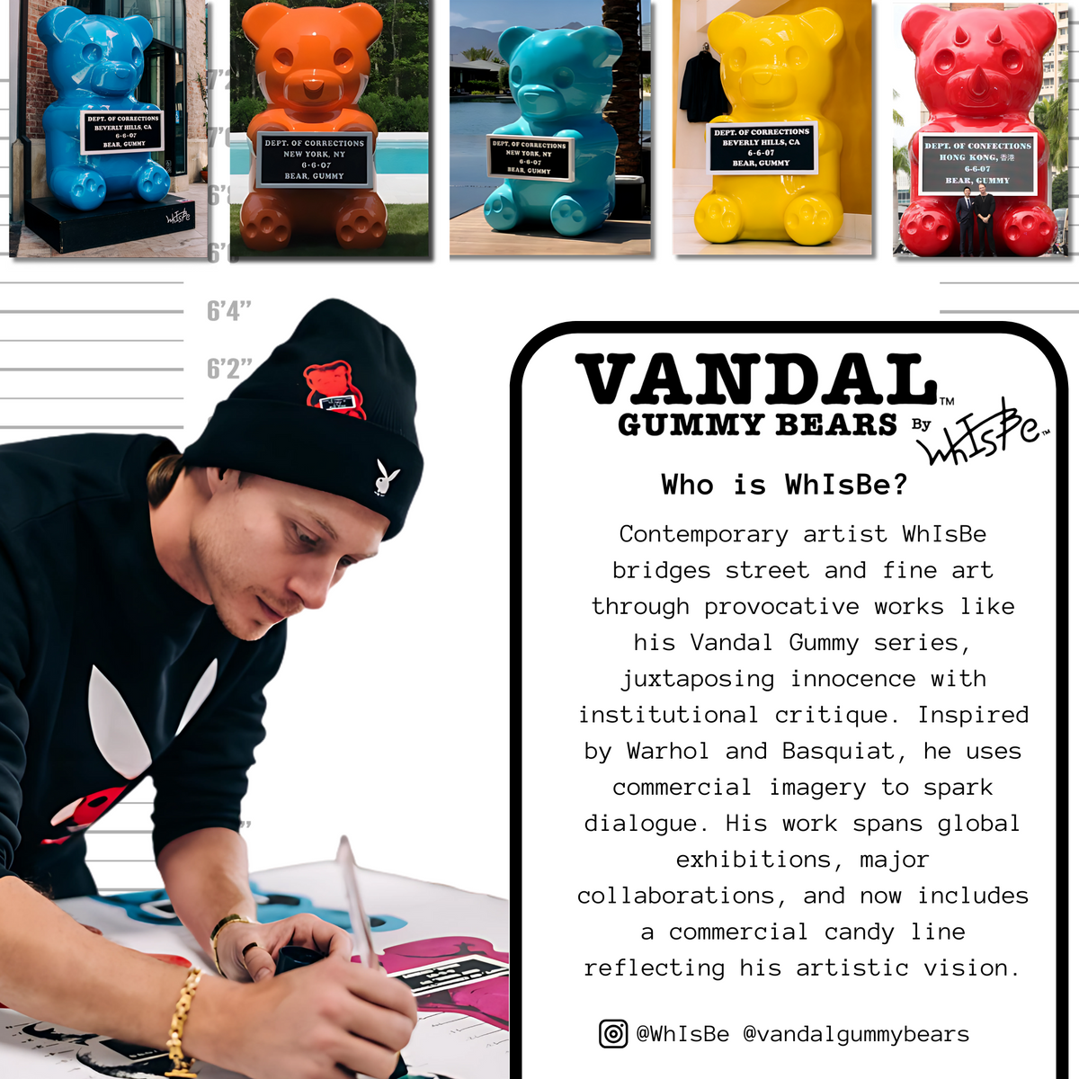 Collage of colorful WhIsBe's vandal gummy bear sculptures with a short bio.